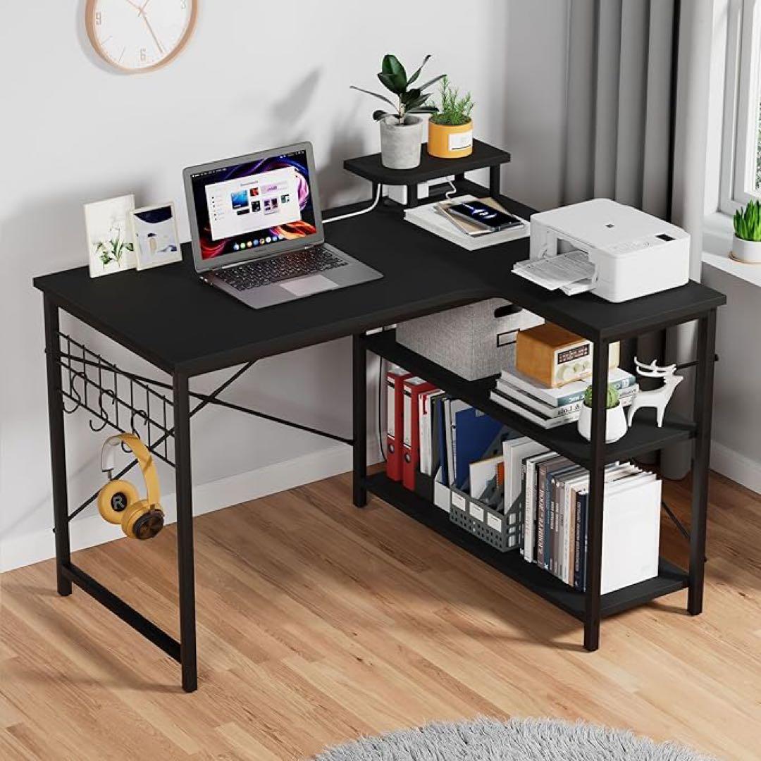 パソコンデスク⭐️L字デスク 電源コンセント ラック付き 110×80×74cm