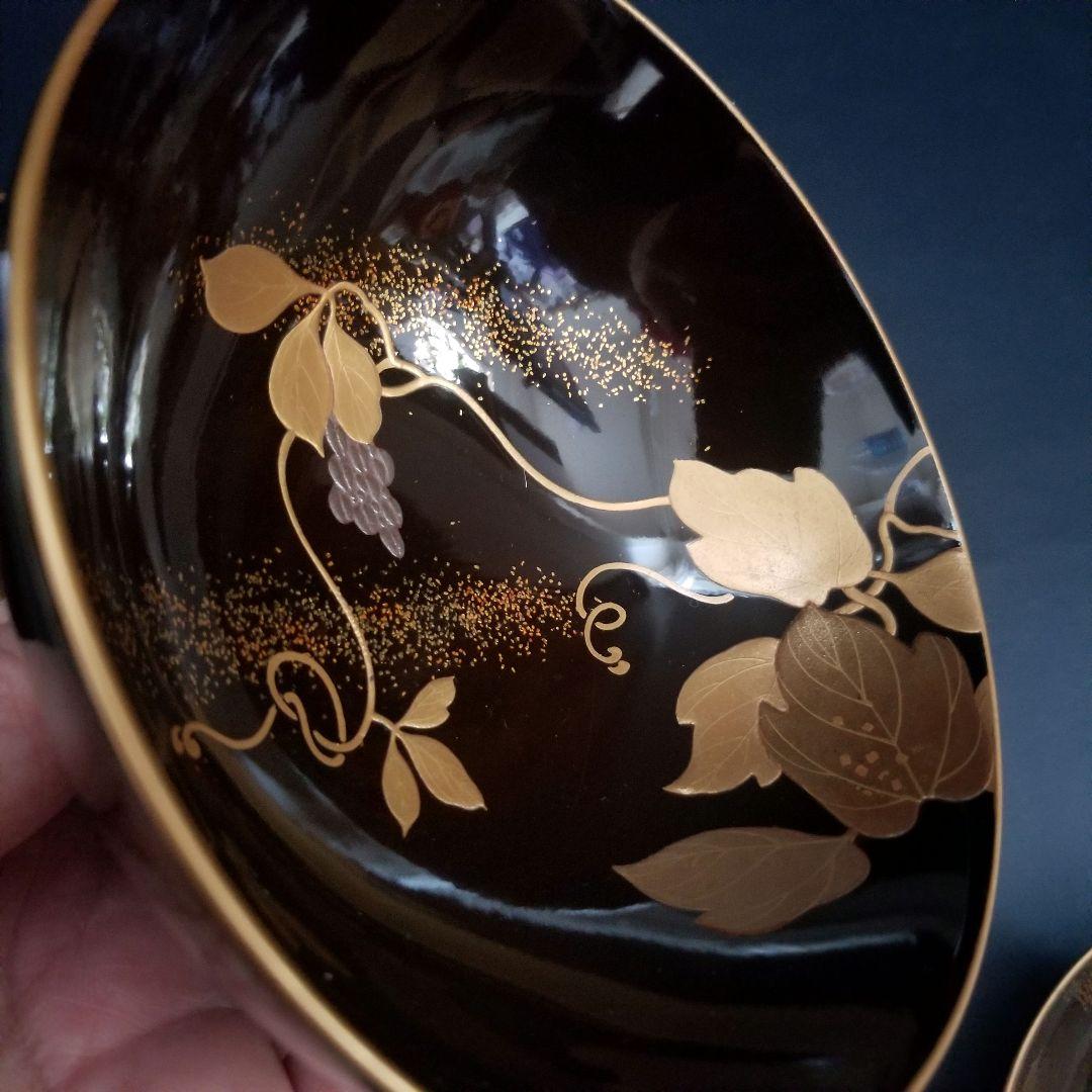 美品 輪島塗 黒漆塗 本金加賀蒔絵 金銀彩内・見返し総蒔絵 吸物椀 雑煮 2客