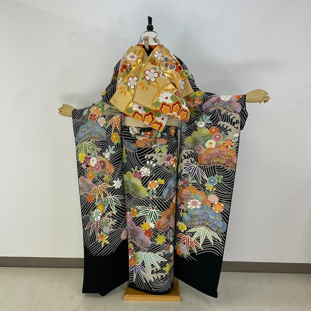 正絹お振袖　新品未仕立て品　サイズ自由　黒　本格友禅　お仕立て付き