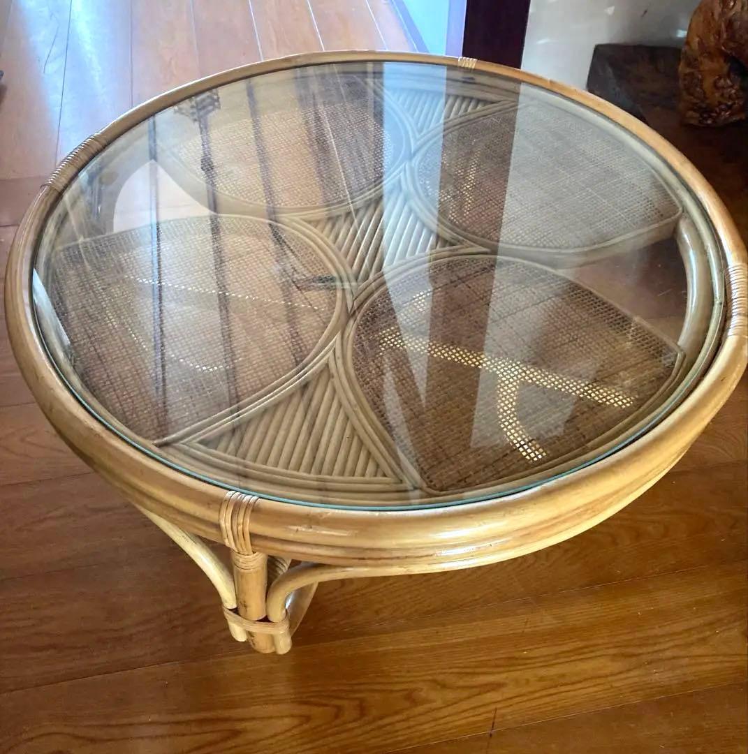 天然素材　ガラス天板　籐ラタンテーブ サイド 丸テーブル　昭和レトロ おしゃれ