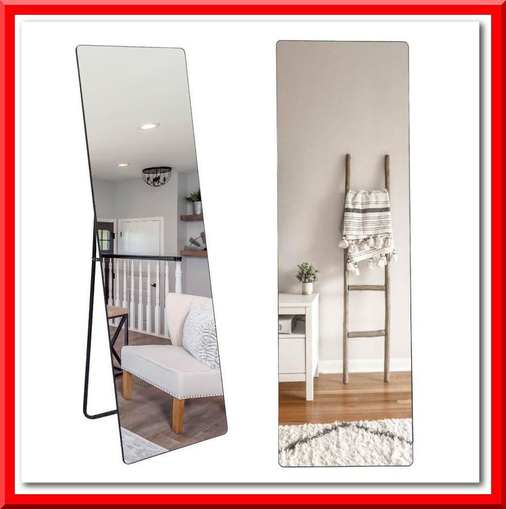 大型 丸角 スタンドミラー 壁掛け 全身鏡 姿見 165x60cm（ブラック）