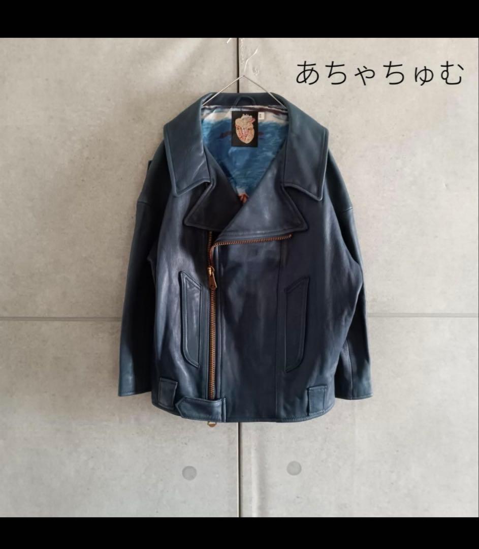 あちゃちゅむ★ダブル ライダースジャケット★山羊革 裏地猫柄