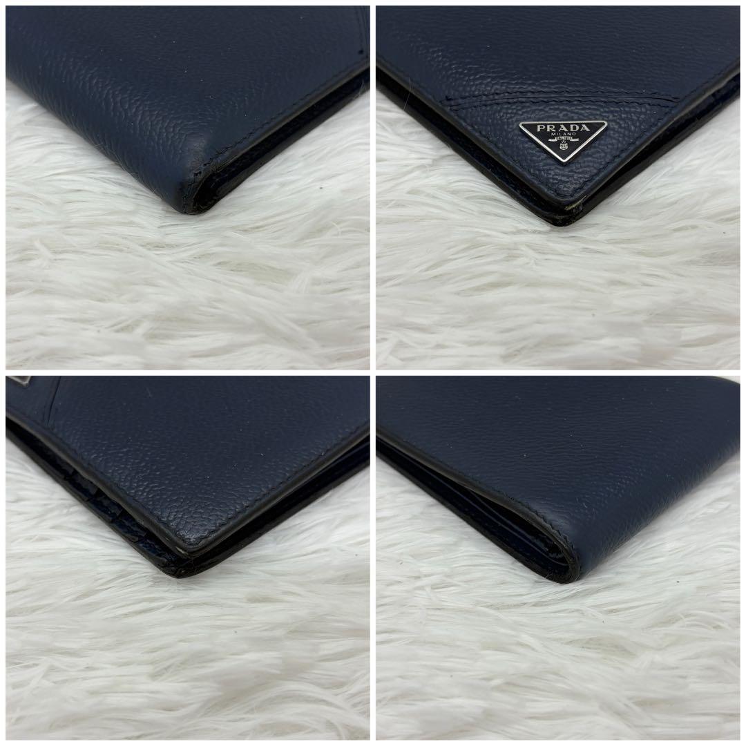 美品✨プラダ 二つ折り サフィアーノ 三角ロゴ 折り財布 レザー シボ革 紺