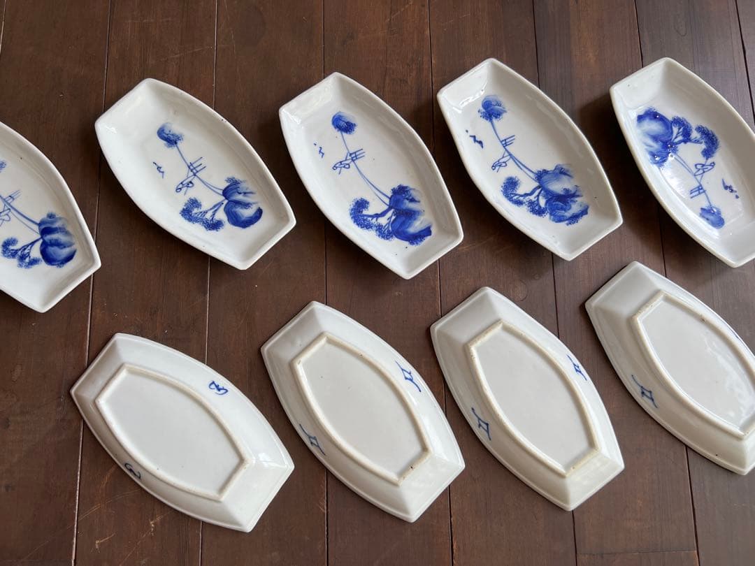 青い花柄舟形皿9枚セット 平佐焼