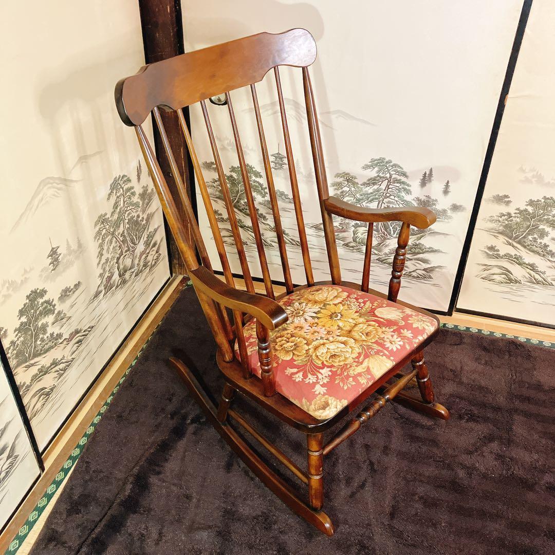 ビンテージ 木製ロッキングチェア 花柄座面 アームチェア