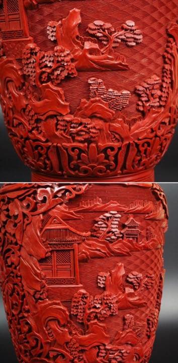 送料無料極上品　細密山水楼閣彫堆朱花瓶 紫檀台付 　全高さ40ｃｍ　中国古玩