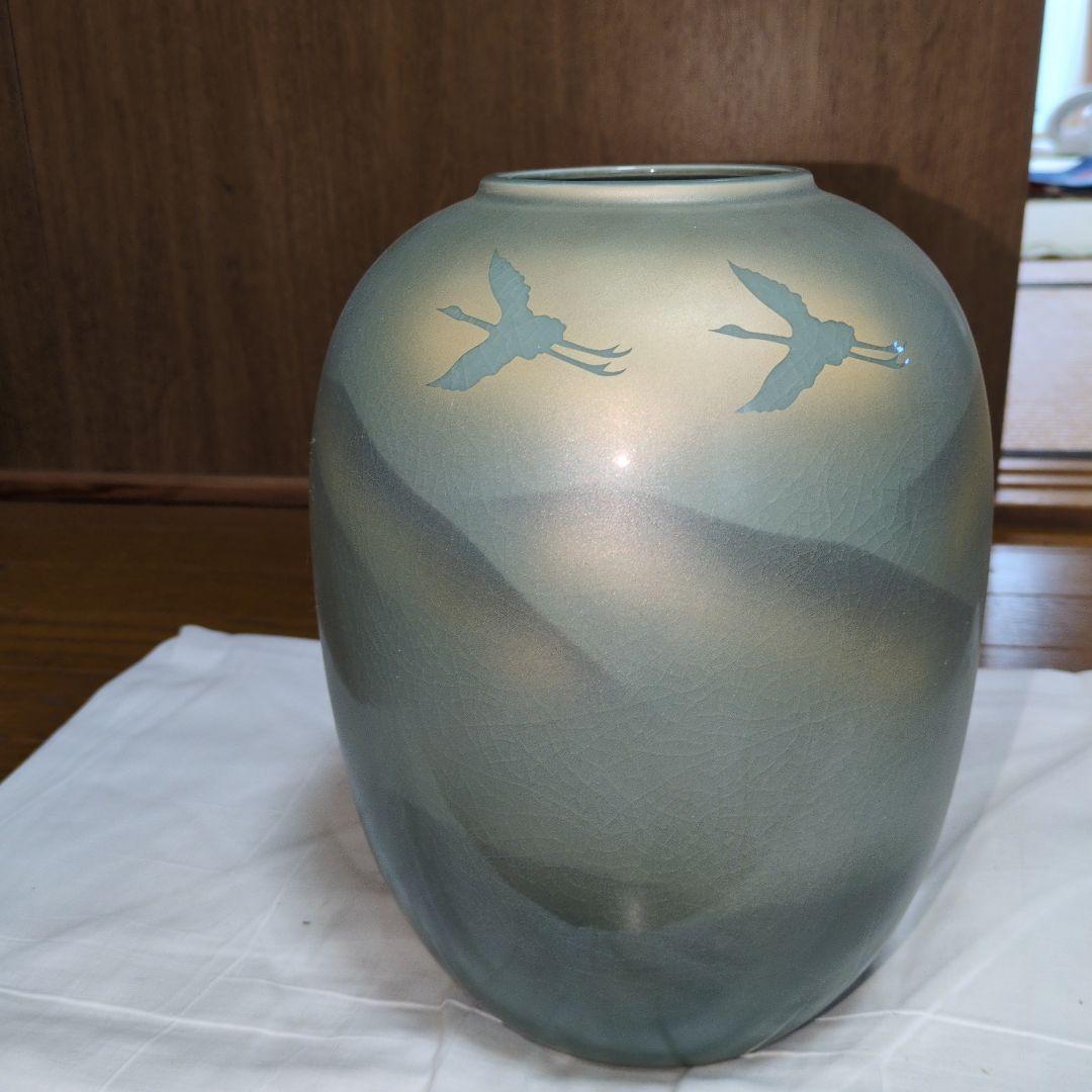 青磁 鶴文 花瓶 壺 高さ25cm 飾壺 和陶器 陶磁器 インテリア