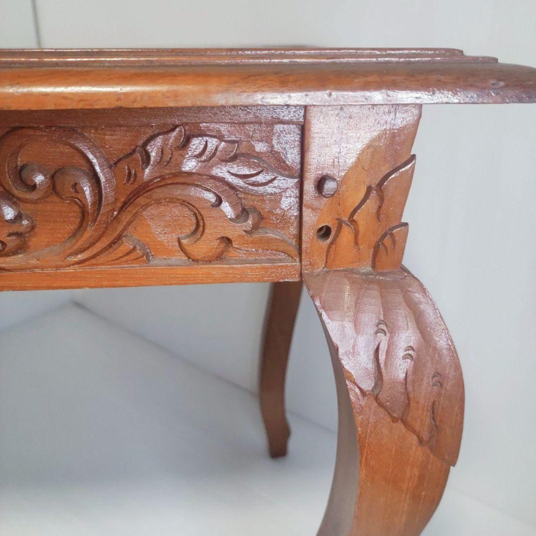 【美品】アンティーク調 猫脚彫刻 木製テーブル ダークブラウン 長方形