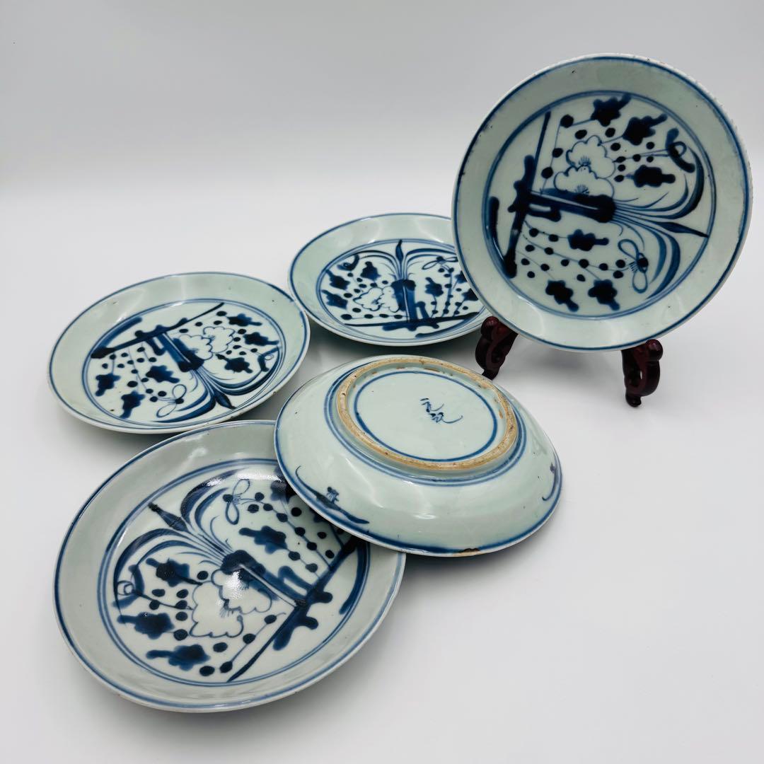 【明治　染付伊万里焼物皿　中皿　5客】時代　骨董　アンティーク