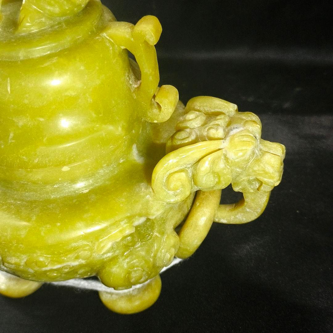 中国骨董 獅子摘み岫玉香炉 翡翠 天然石 手彫り置物 開運風水グッズ 香具古美術