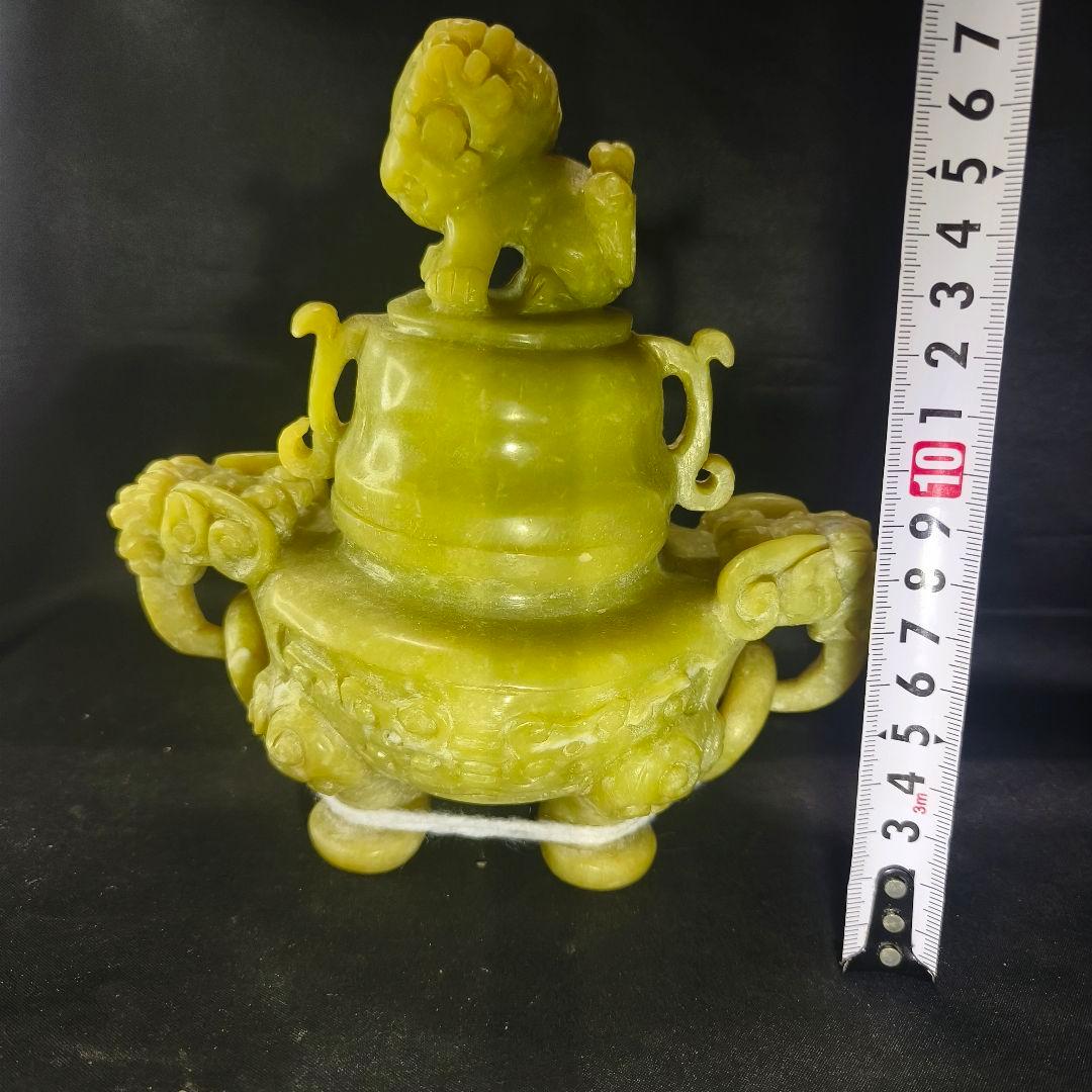 中国骨董 獅子摘み岫玉香炉 翡翠 天然石 手彫り置物 開運風水グッズ 香具古美術