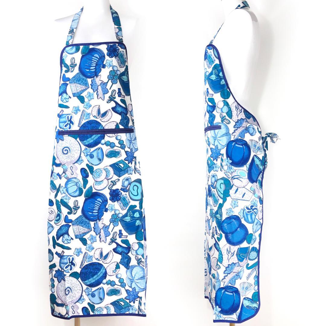 【美品・箱付き】エルメス／調理用エプロン 和洋折衷絵柄／ネイビー