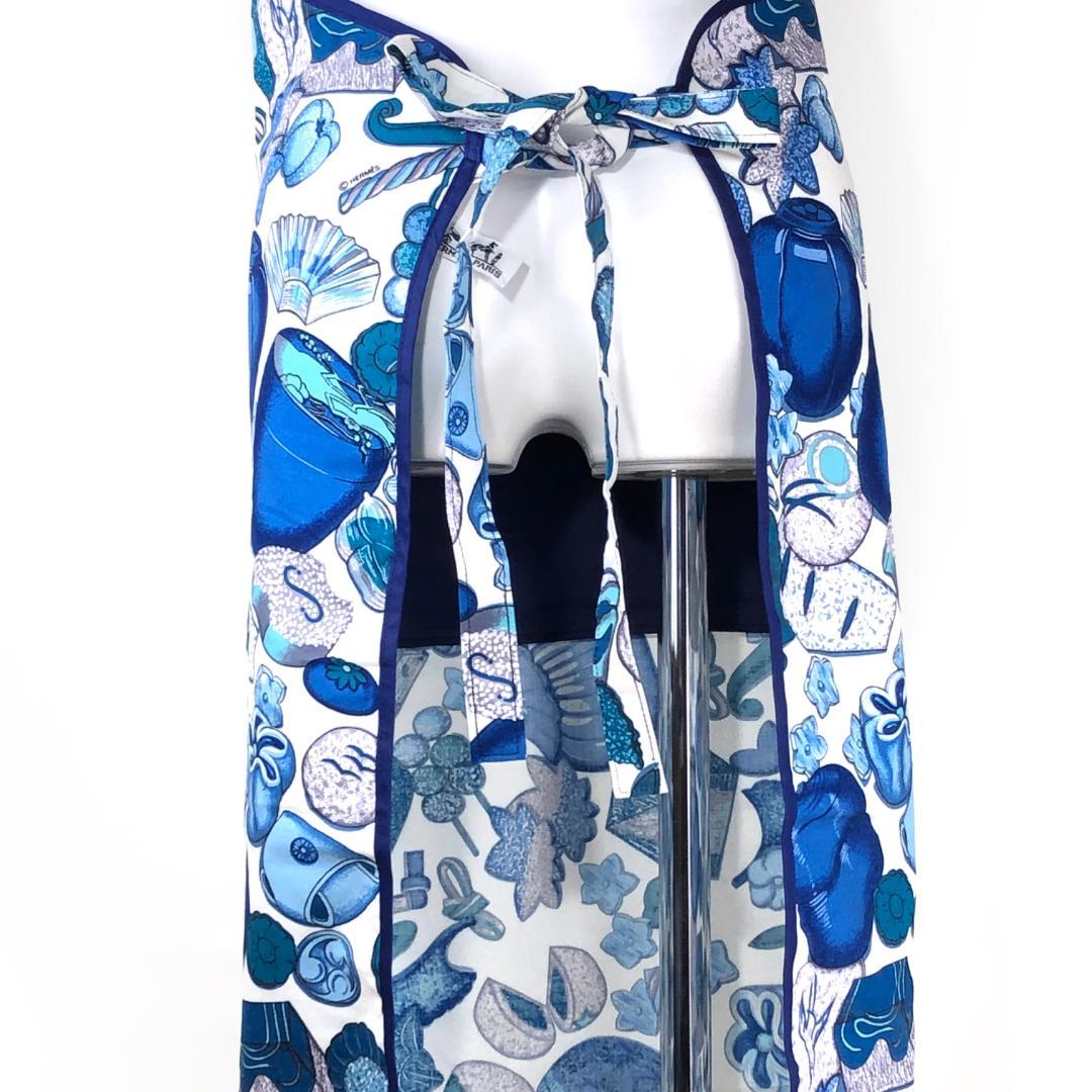 【美品・箱付き】エルメス／調理用エプロン 和洋折衷絵柄／ネイビー