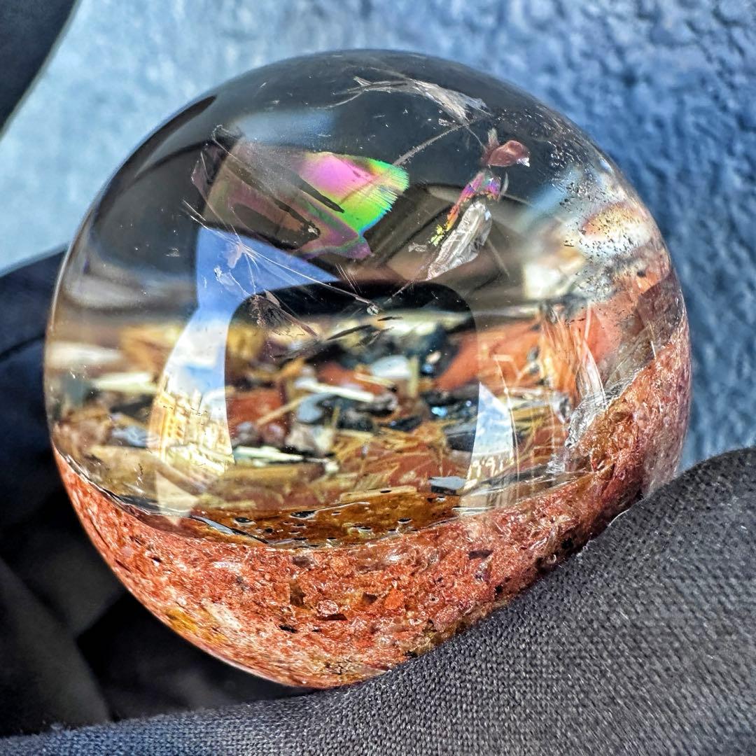 金運❗️レインボー☆タイチンルチル パイライト共生 ガーデンクォーツ丸玉A1319