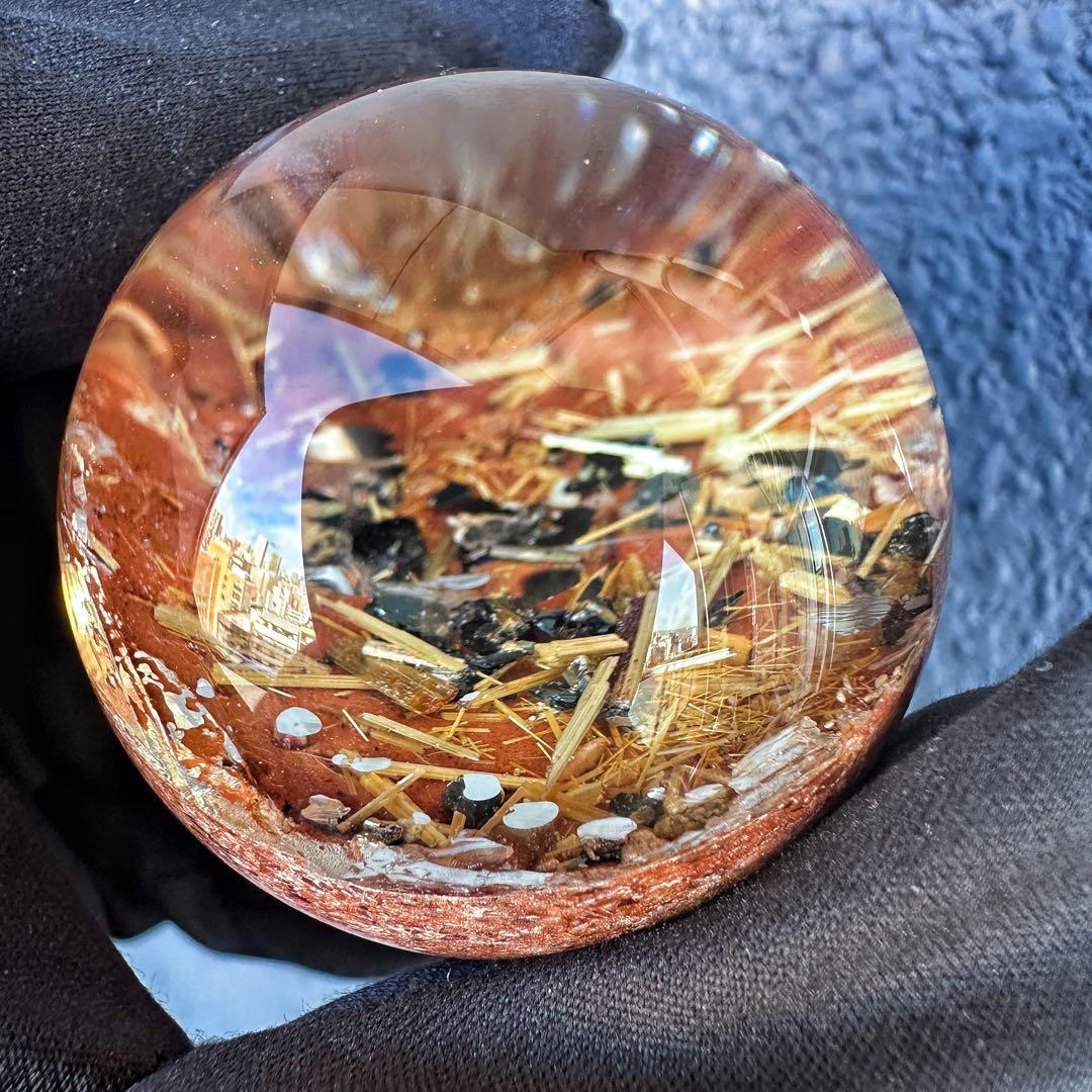 金運❗️レインボー☆タイチンルチル パイライト共生 ガーデンクォーツ丸玉A1319