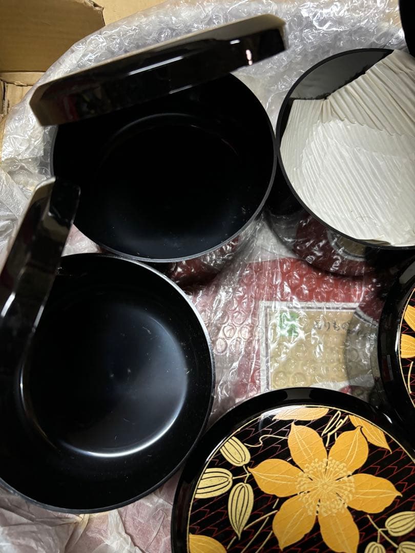 新品未使用 漆器 花柄金箔装飾 5個+1個 飯切り 寿司桶