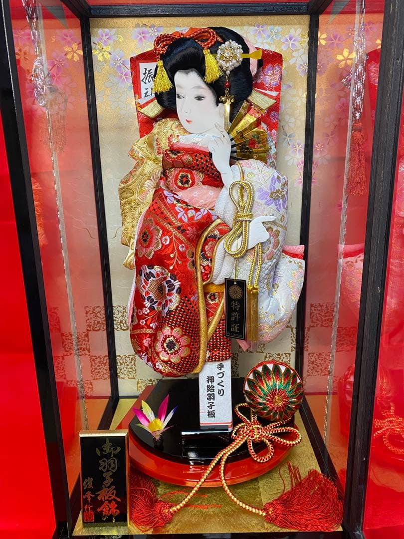 羽子板　立体振袖金蘭ガラスケース１５号・サイズ間口約３２×奥行約２９×高約６３㎝