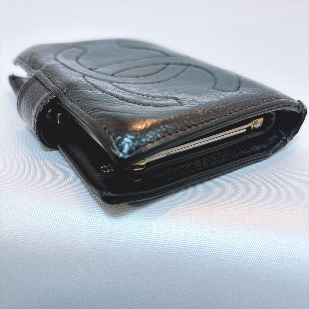 【シャネル】デカココマーク キャビアスキン ２つ折り財布 フラップホック 黒