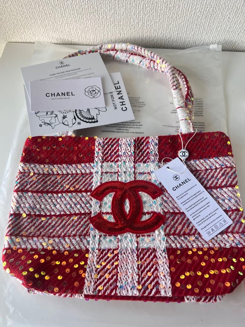 CHANELシャネル ココマークツイードスパンコール トートバッグ　レッド