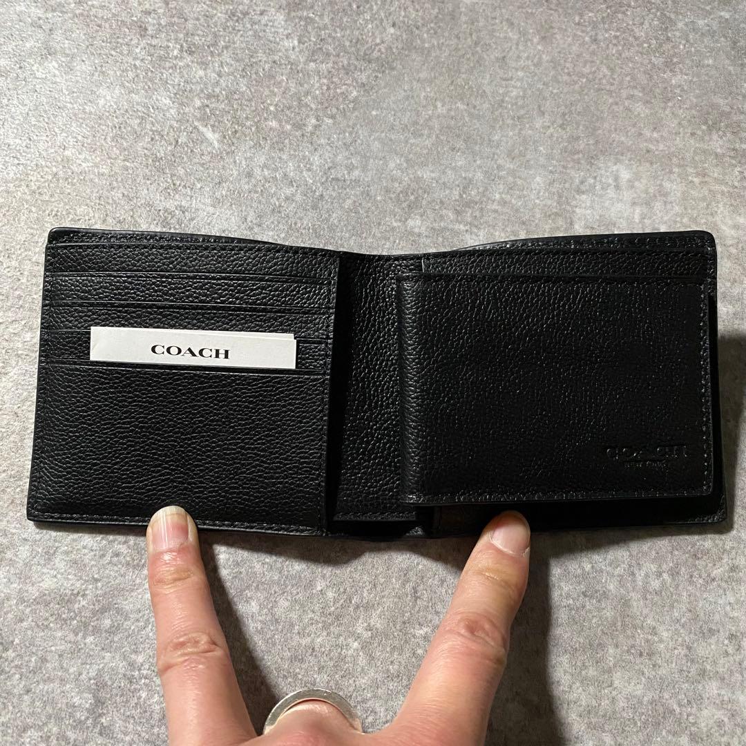 極美品 Coach コーチ レザー 二つ折り財布 パスケース付 ブラック 黒