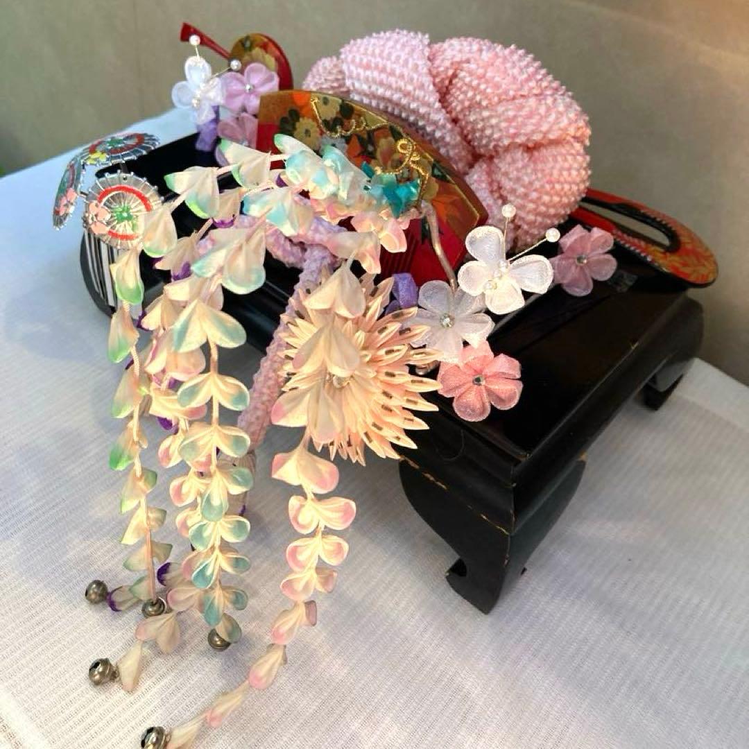 専用　雨に咲く花　美しアンティーク　菊と藤下がりの簪　金属簪　櫛平打ち　Uピン簪
