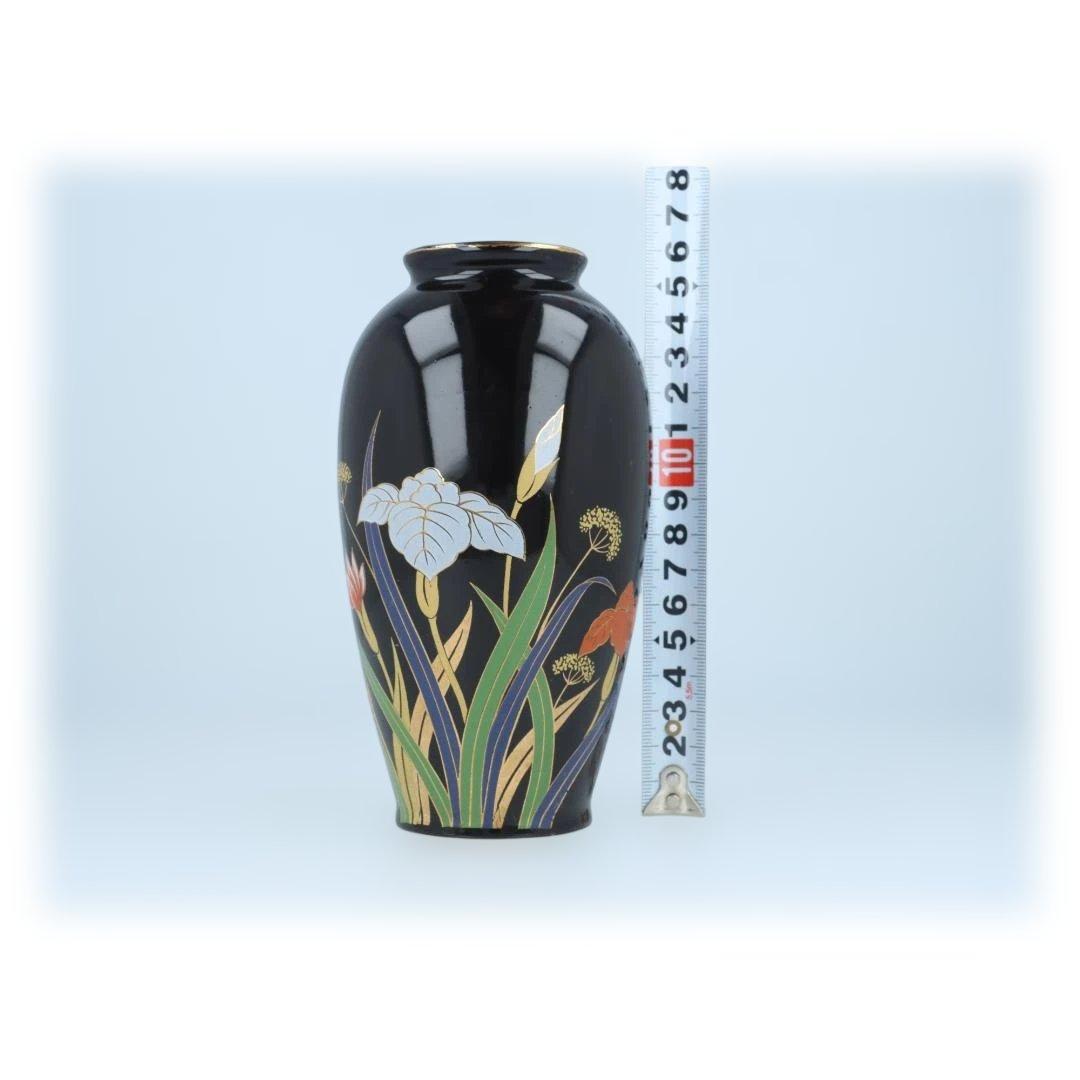【美品】黒地 花柄 金彩 花瓶 陶器 インテリア 和洋兼用