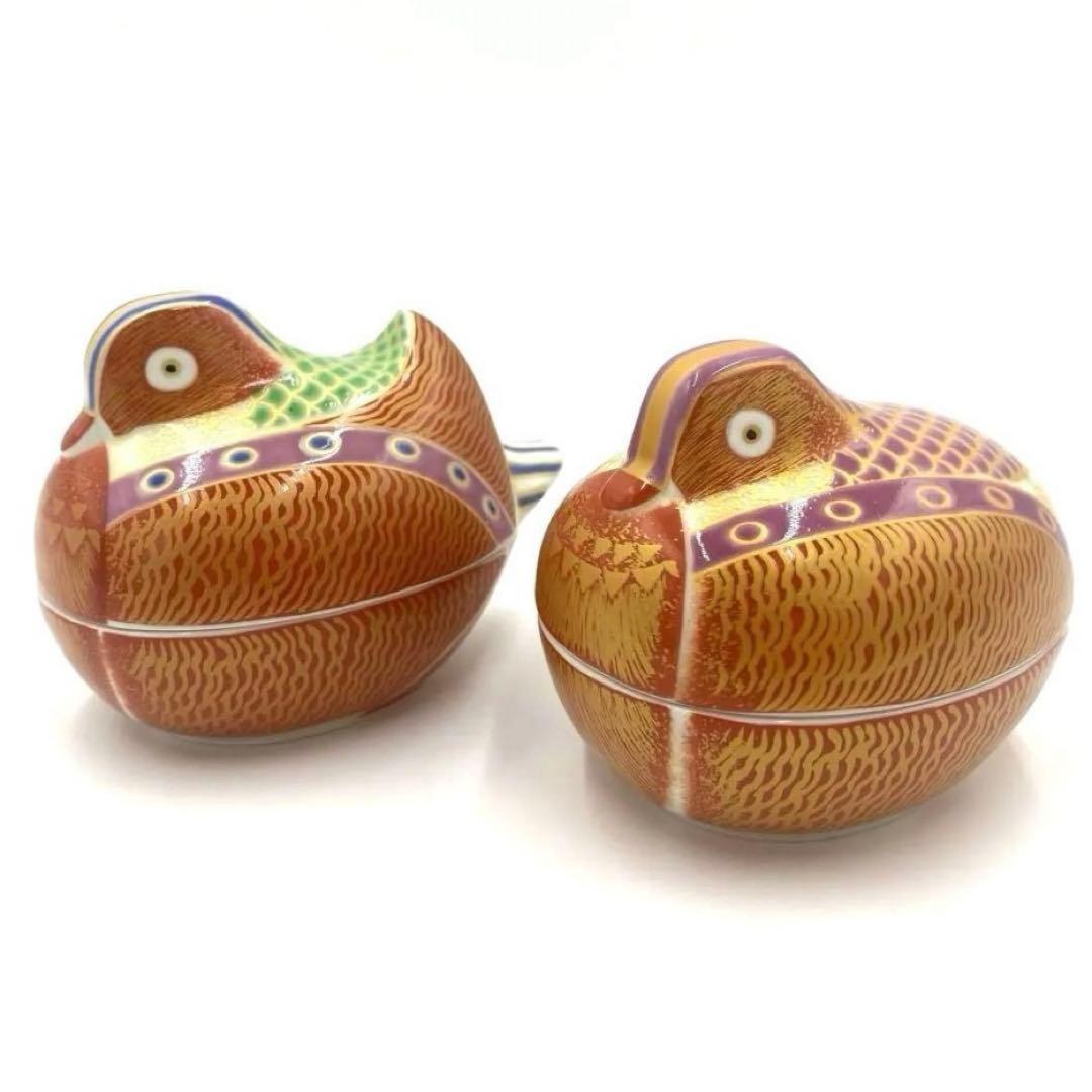 【☆お得なお品☆】【新品】有田焼幸楽窯　錦琳派おしどり蓋物雄雌セット　縁起物