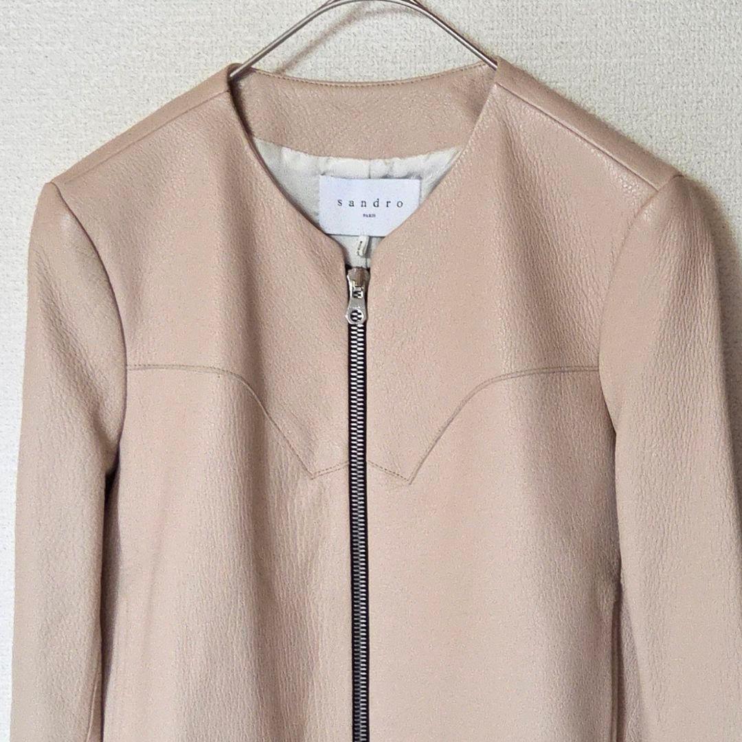 【美品】SANDRO PARIS 羊革 ノーカラー レザージャケット グレージュ