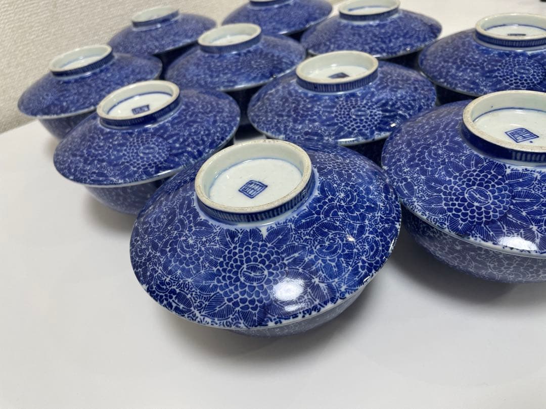 古伊万里 染付 花唐草模様 レトロ 明治 蓋付き茶碗 10客 蓋13客