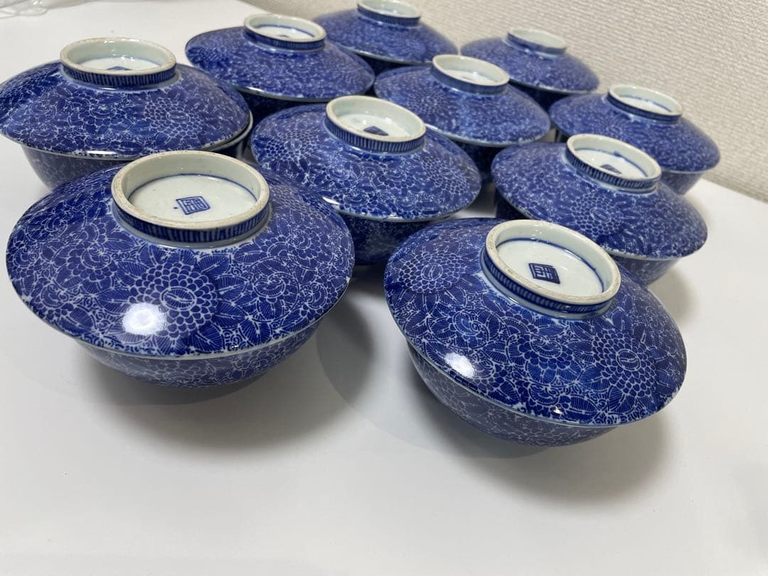 古伊万里 染付 花唐草模様 レトロ 明治 蓋付き茶碗 10客 蓋13客