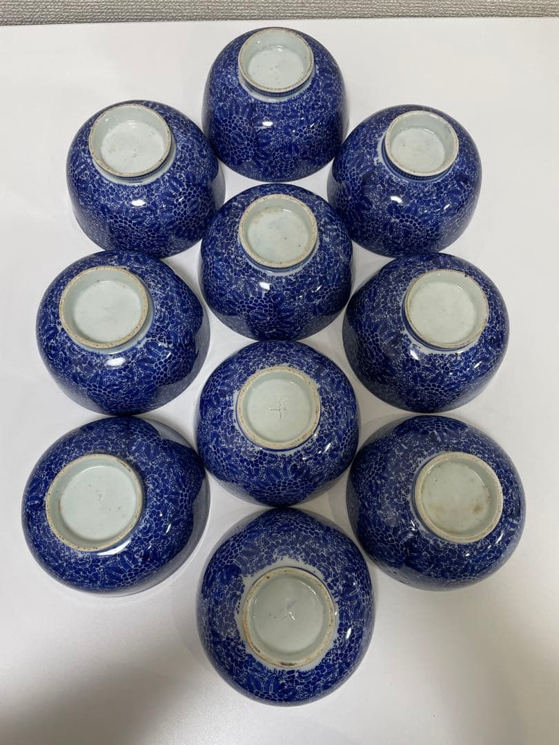 古伊万里 染付 花唐草模様 レトロ 明治 蓋付き茶碗 10客 蓋13客