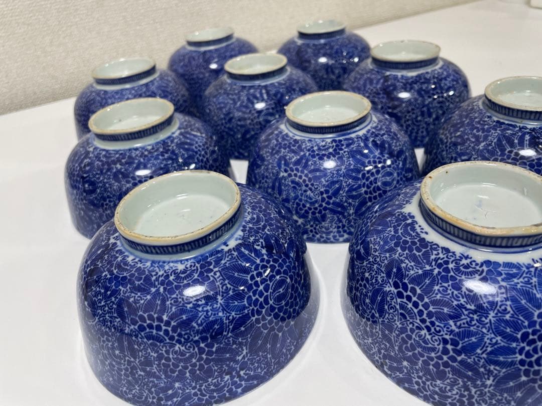 古伊万里 染付 花唐草模様 レトロ 明治 蓋付き茶碗 10客 蓋13客