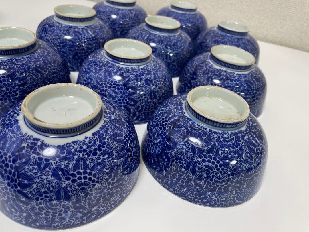 古伊万里 染付 花唐草模様 レトロ 明治 蓋付き茶碗 10客 蓋13客