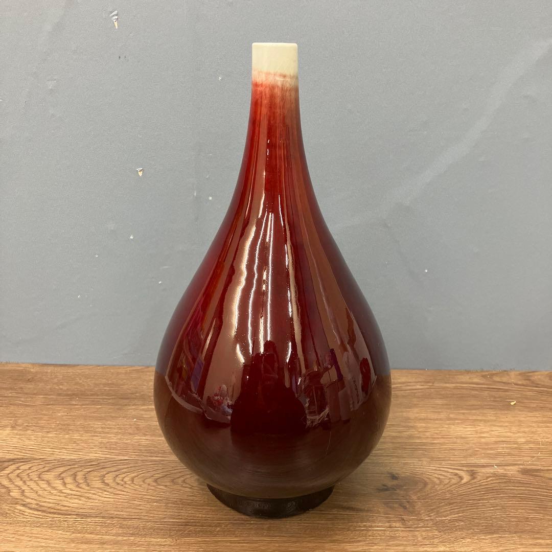 4F 美品 中国美術 景徳鎮製 郎紅 辰砂 花瓶 飾り壺 牛血紅 骨董 陶磁器