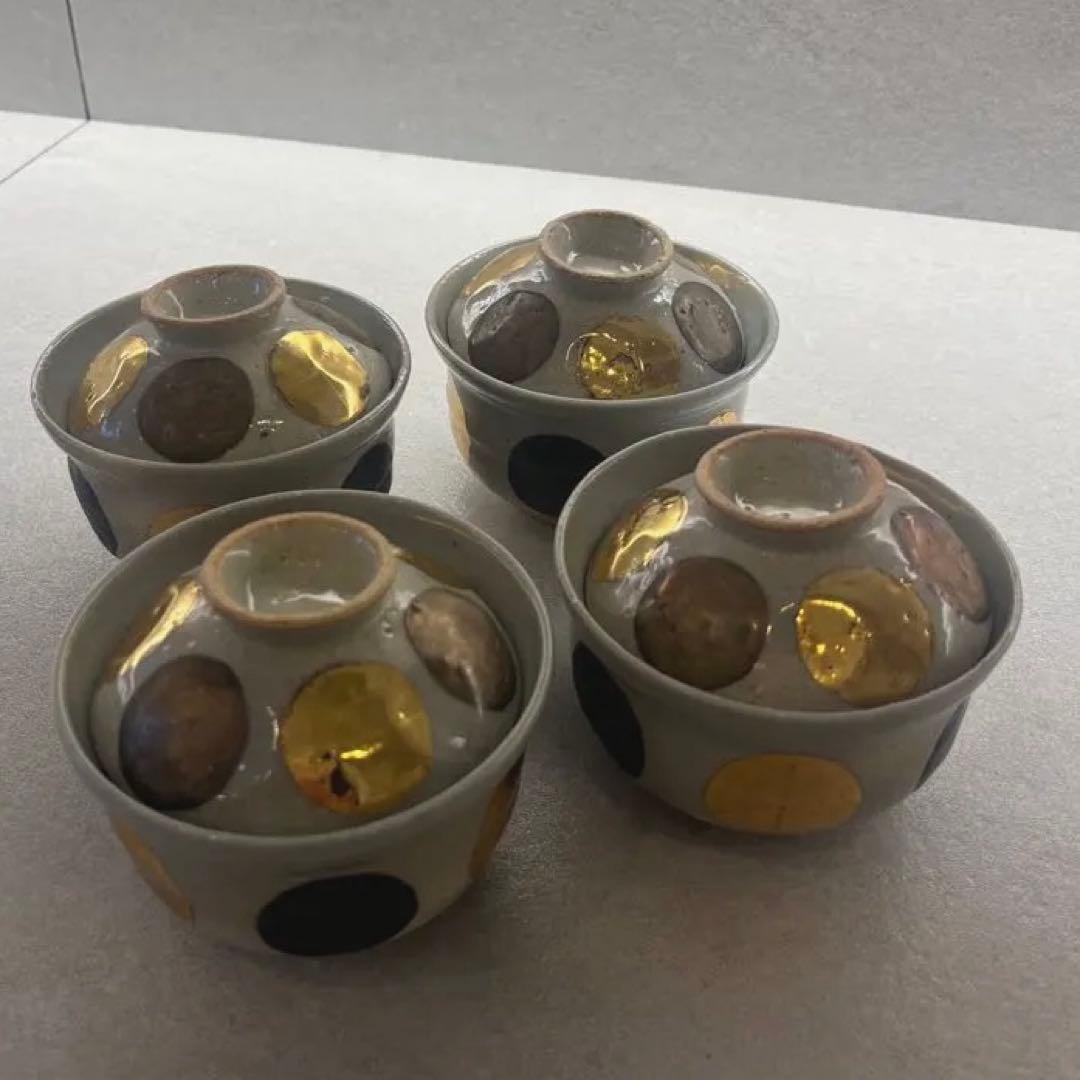 京焼 清水焼 陶あん　金銀彩 象嵌風ドット文 蓋付碗 4客セット