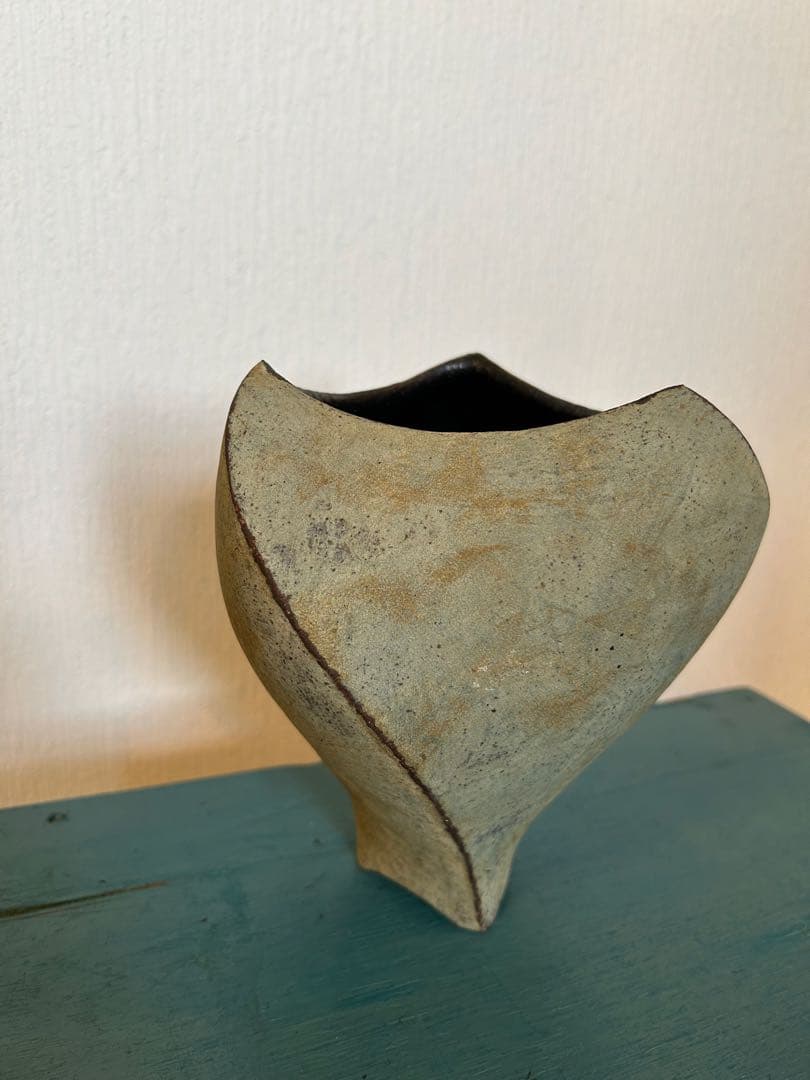 ★作家もの作品★高田かえ★花器フラワーベース大★青錆グリーンシャビーアートピース