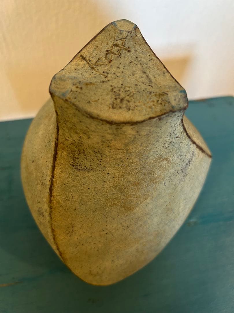 ★作家もの作品★高田かえ★花器フラワーベース大★青錆グリーンシャビーアートピース
