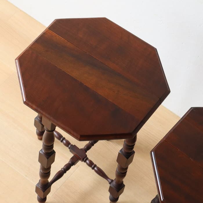 ネストテーブル 折りたたみ式八角テーブル付角茶テーブル 木製 無垢材