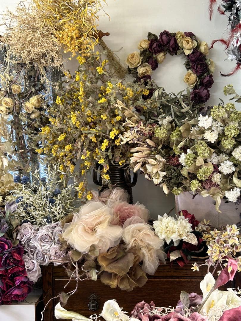 染め花　大輪のバラの花束　アートフラワー　ハンドメイド　リボン付き