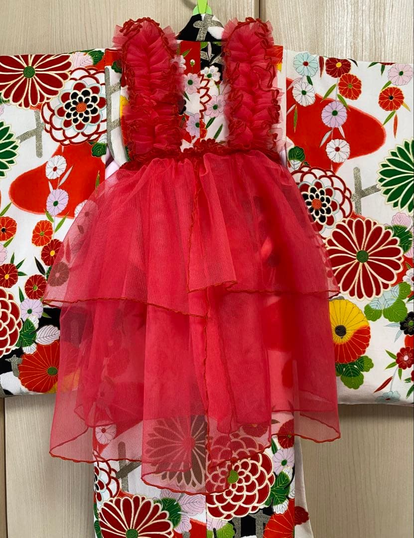 ハンドメイド　チュール被布　朱色　七五三　３歳