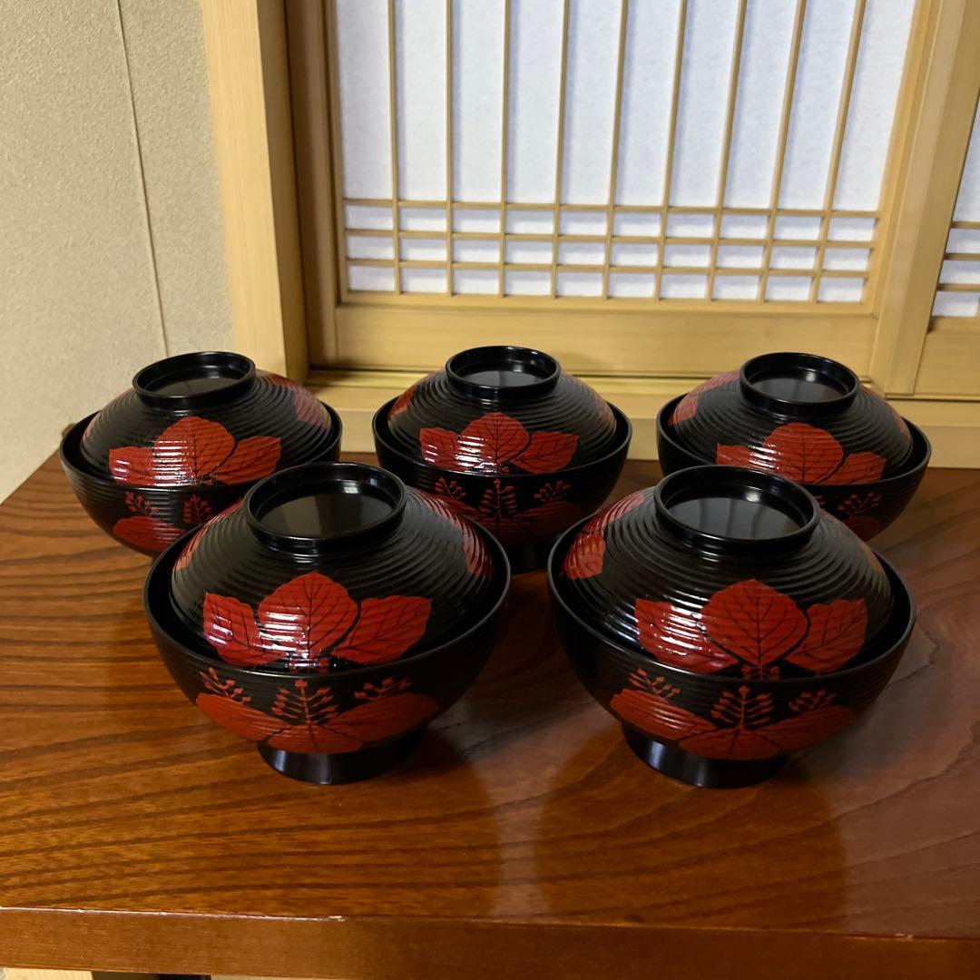 煮物椀　汁椀　糸切り真塗り　5個セット