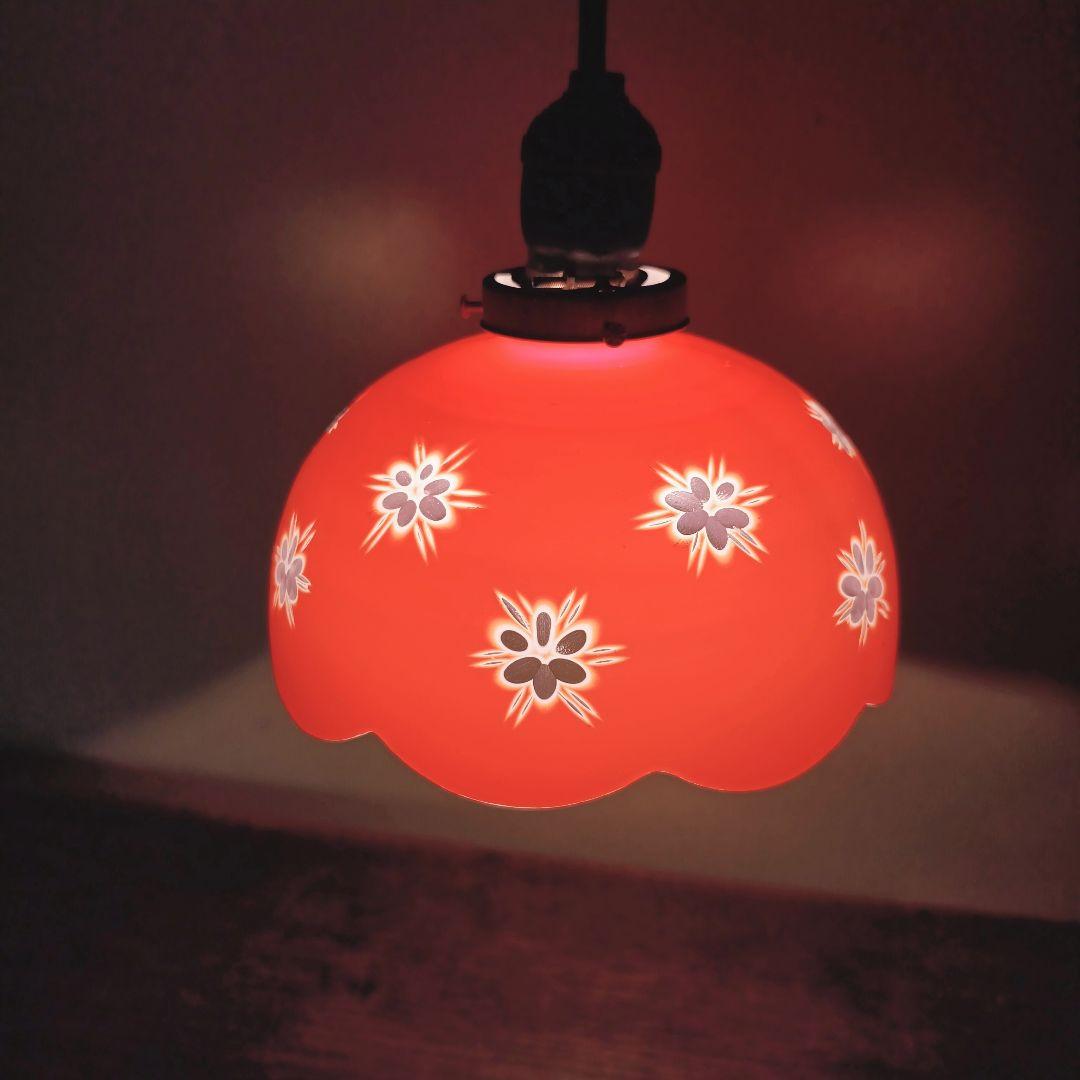 【赤】 切子 電笠 ガラス 花模様 被せ 照明 大正 ライト 乳白 シェード