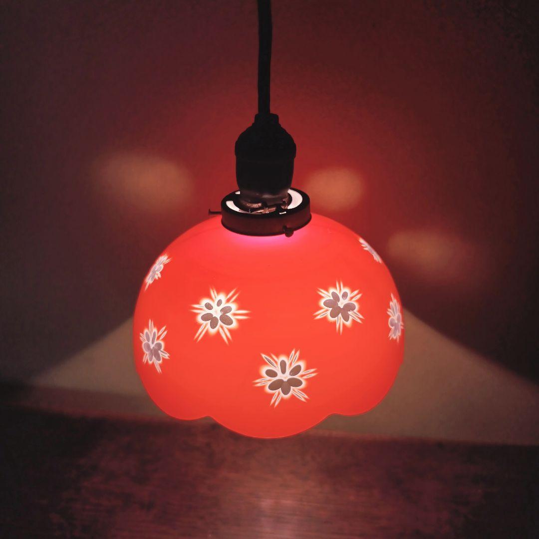 【赤】 切子 電笠 ガラス 花模様 被せ 照明 大正 ライト 乳白 シェード