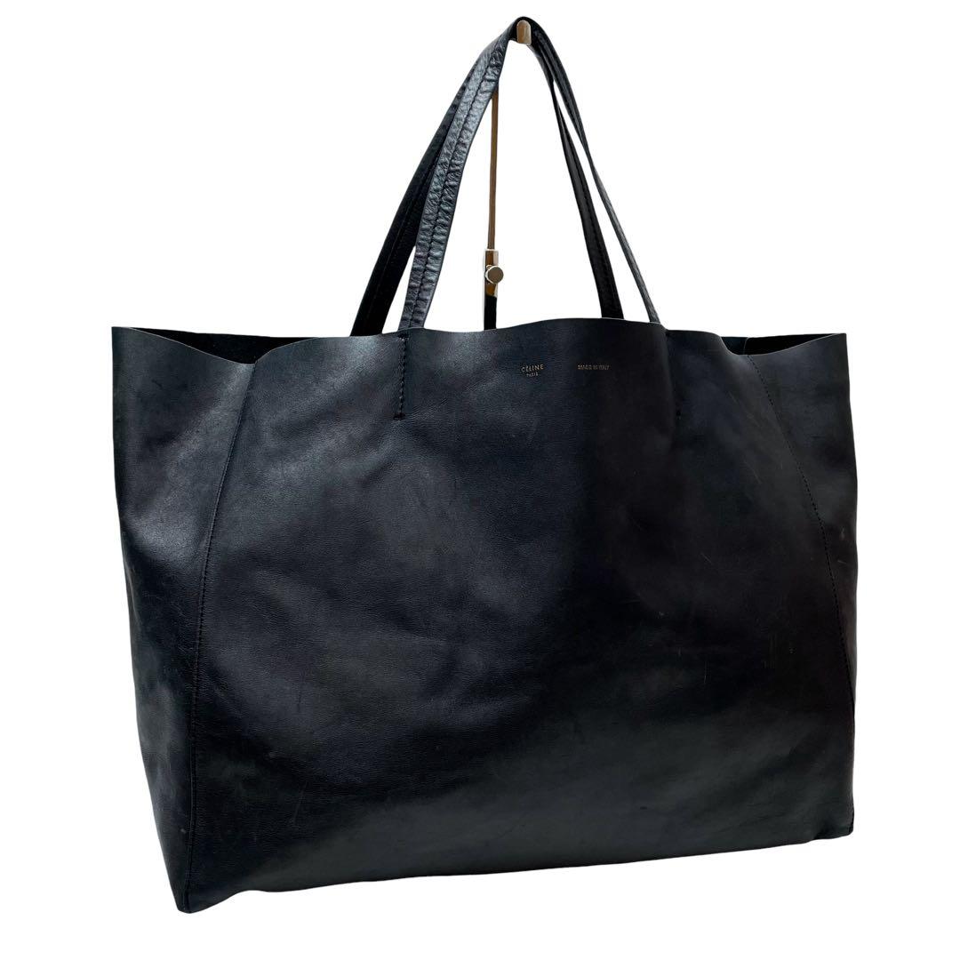 セリーヌ レザー ホリゾンタル カバ ハンド トート バッグ ブラック.