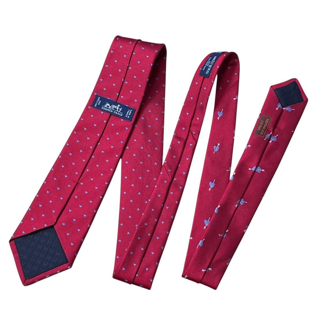 極美品　現行　エルメス　ネクタイ　ナロータイ　ハート柄　赤　レッド　刺繍