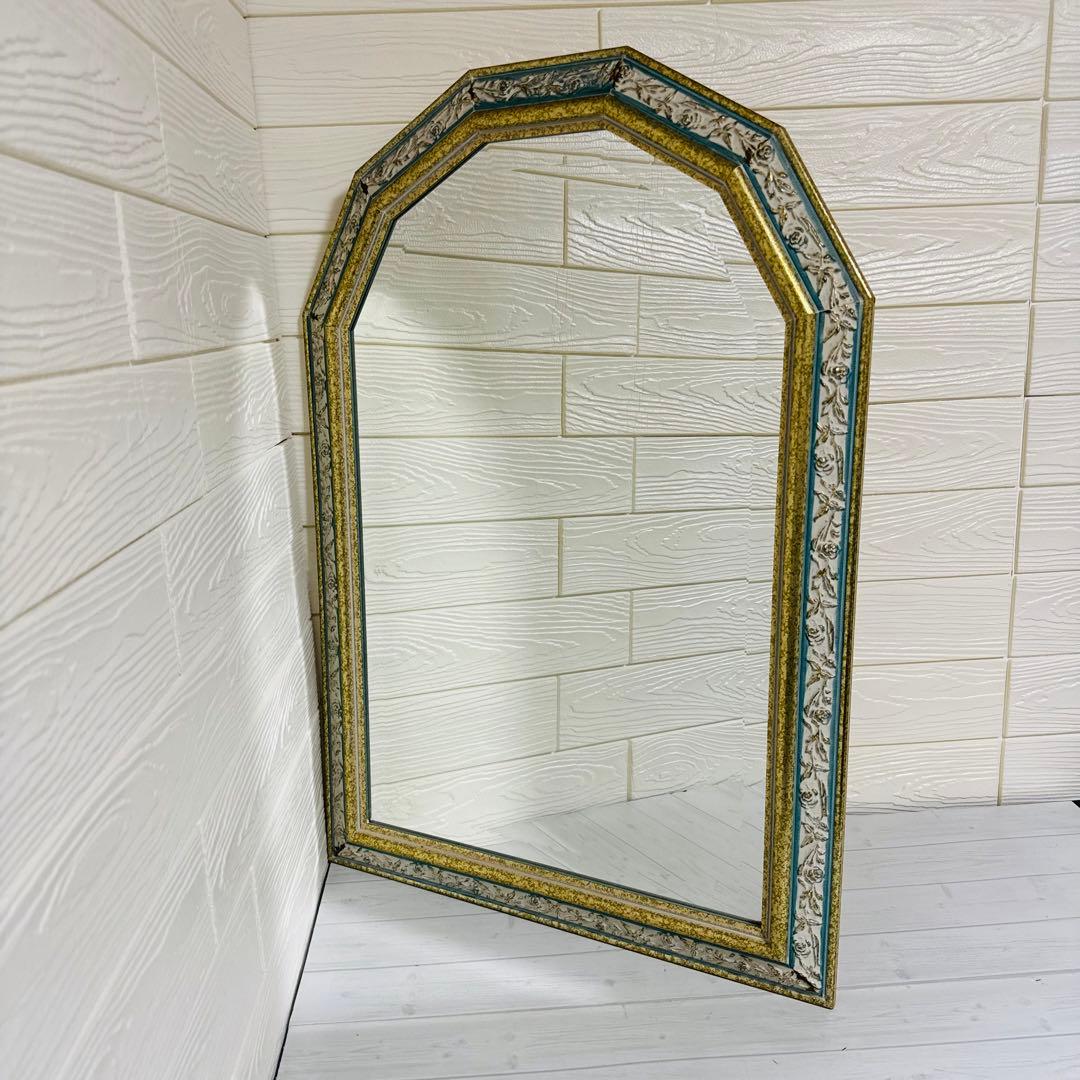 レア！ イタリア製　アンティーク ミラー 八角形 壁掛け鏡 淡いグリーン