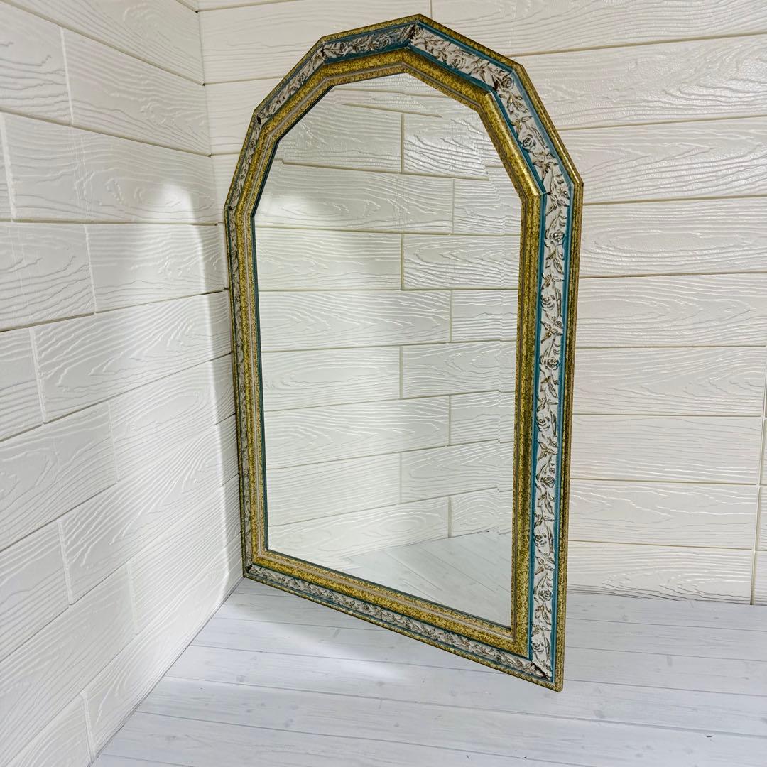 レア！ イタリア製　アンティーク ミラー 八角形 壁掛け鏡 淡いグリーン