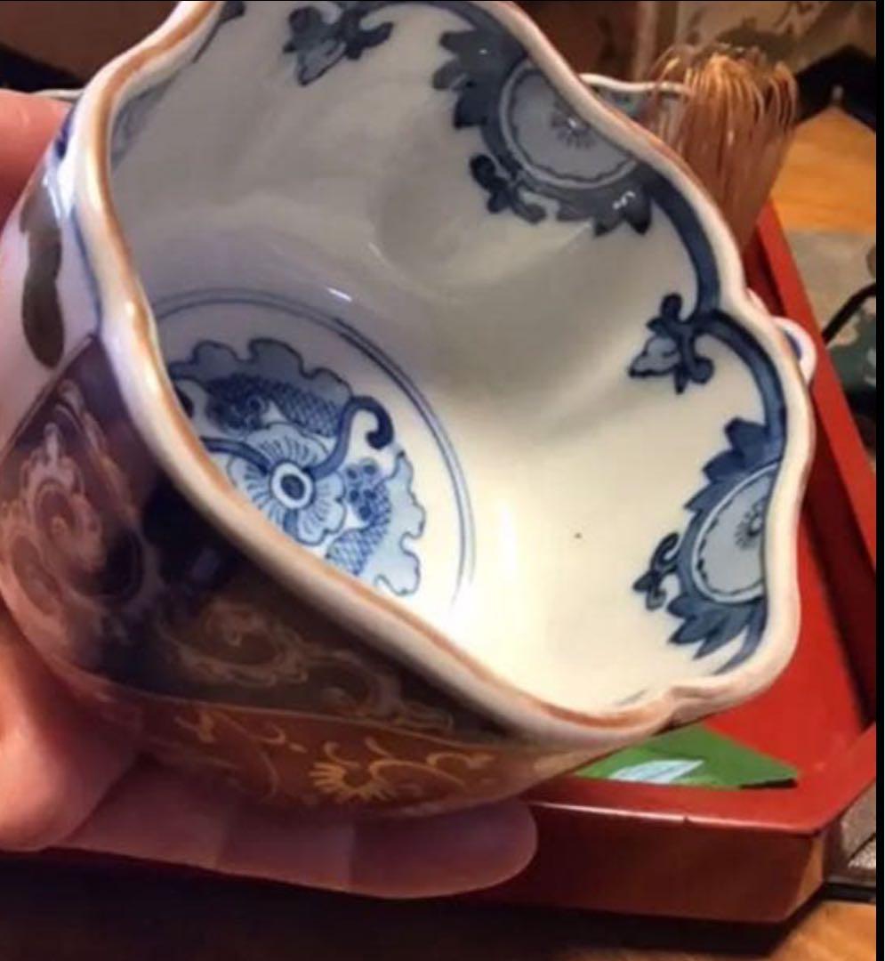A1057古伊万里　最上手　染錦手　逆蛸唐草　松竹梅　波縁形鉢　向付　1客