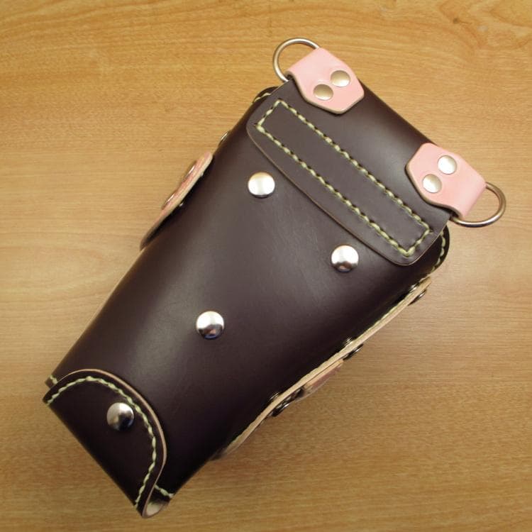 ダークブラウン＆薄ピンク　６丁差し　本革　シザーケース　SCA-100/CDB