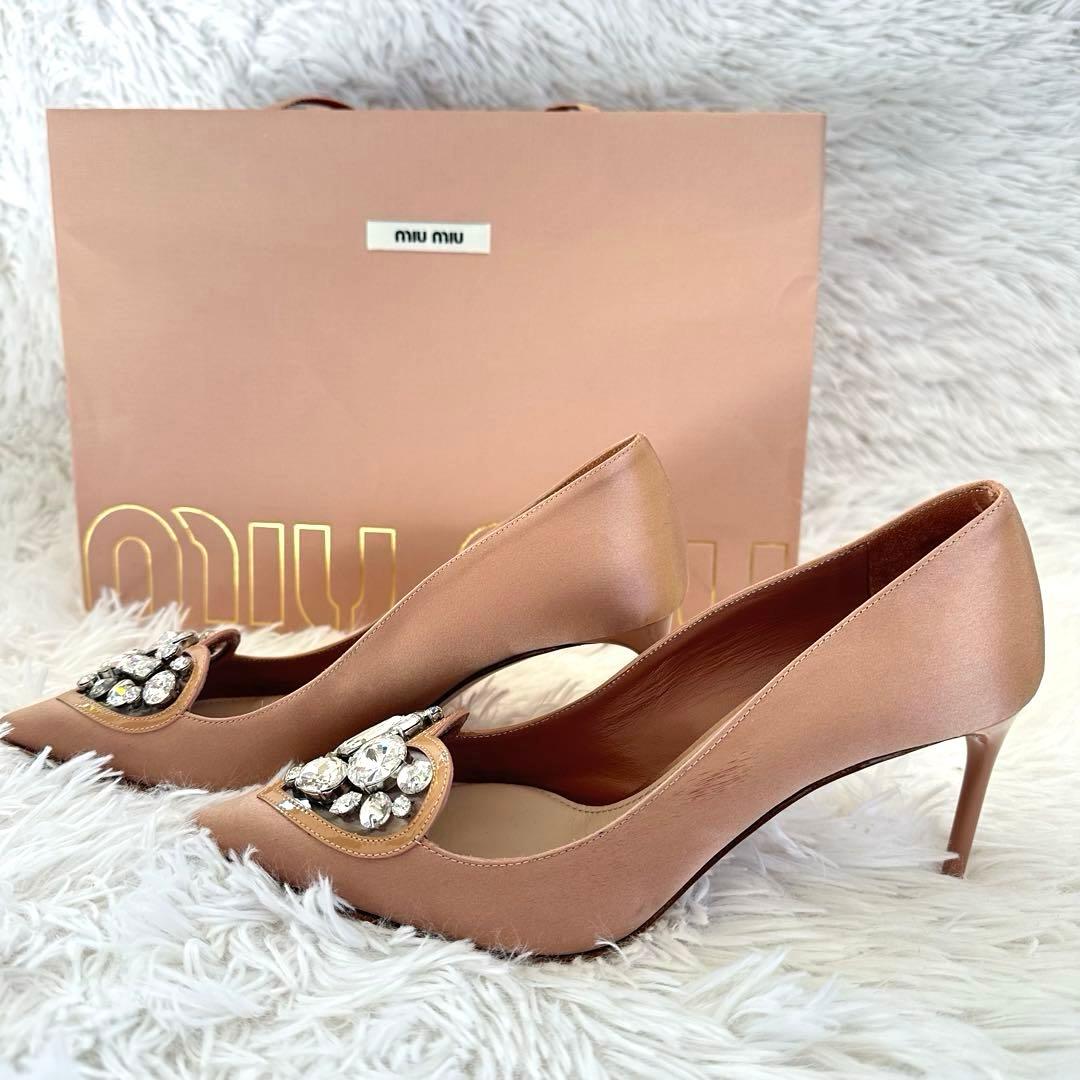【美品】ミュウミュウ miumiu ハート　ビジュー　ピンク パンプス35